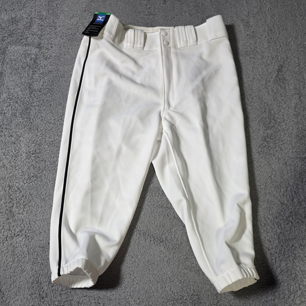Mizuno Mens Large Baseball Pants White Black Piping Elastic Bottom